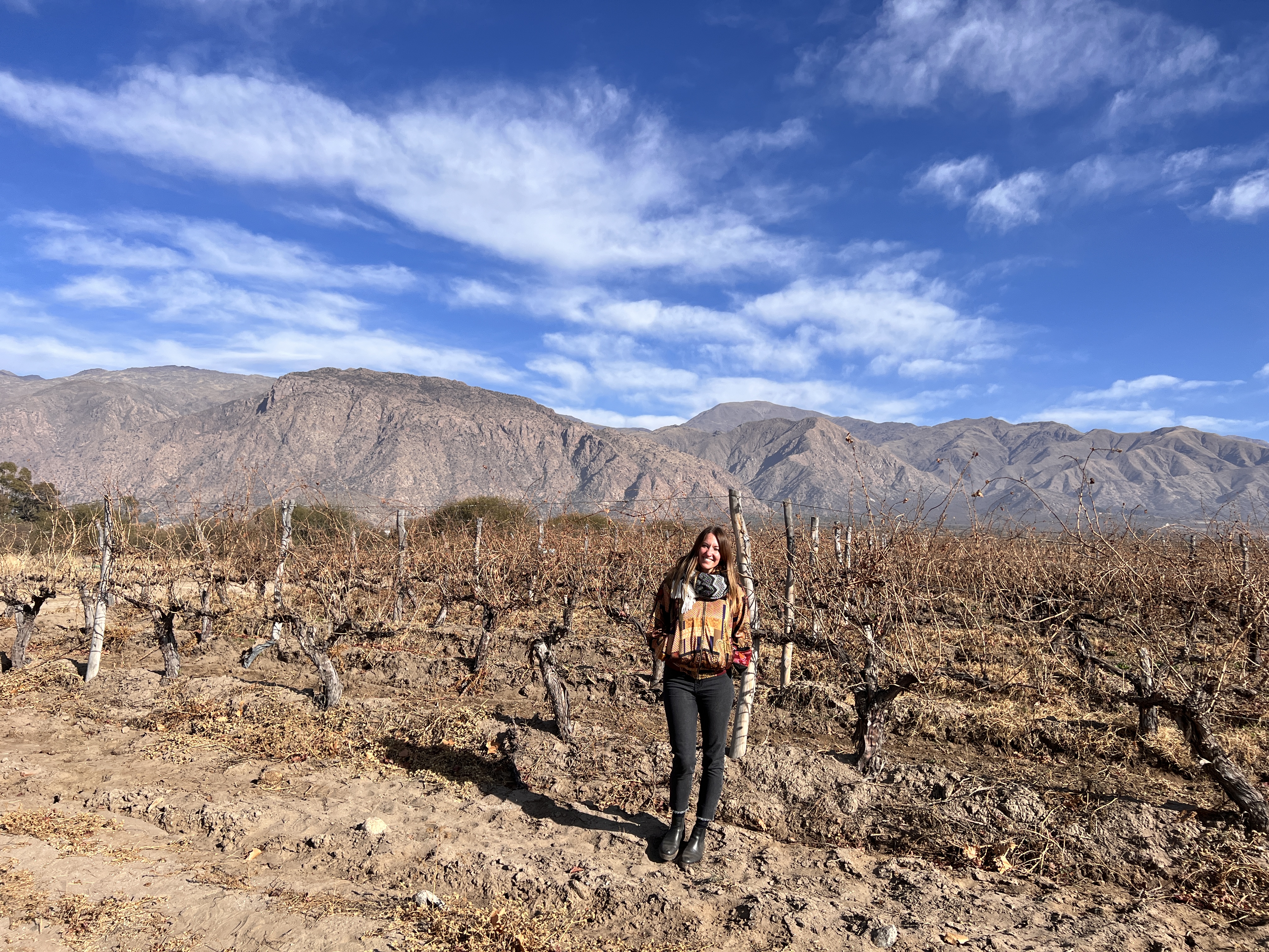 Nicki stands in front of a vineyard. It is winter so the vines and leaves are all dead. There are mountains in the background with a blue sky and several clouds.