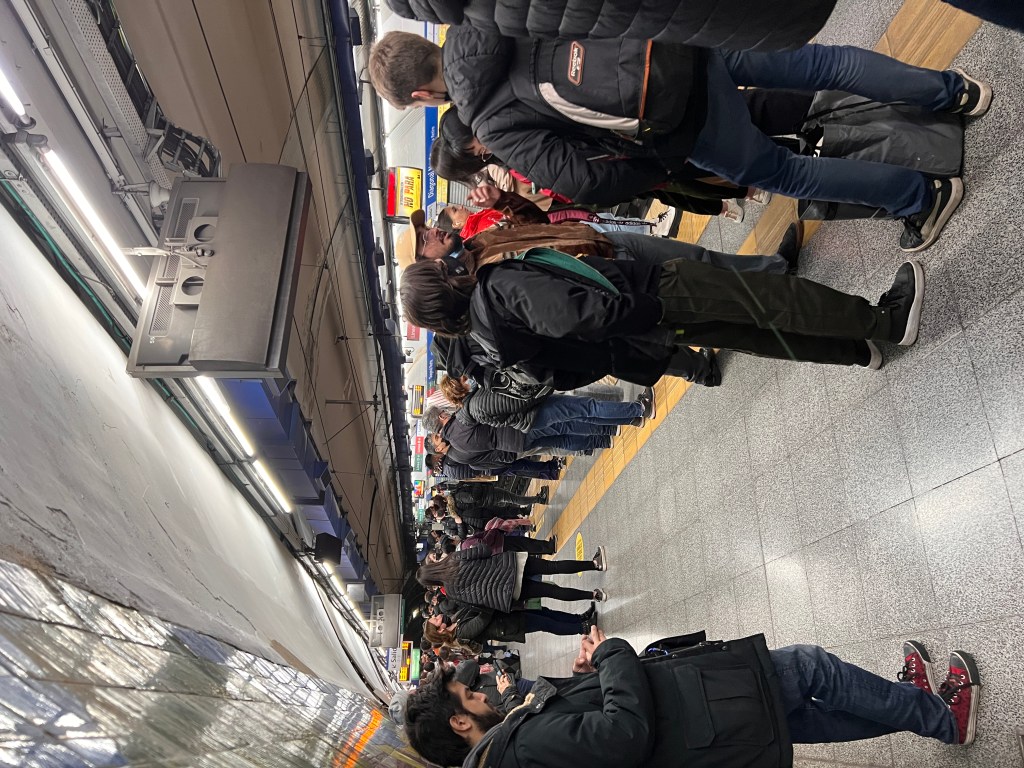 Many people waiting on the platform for the subway to arrive