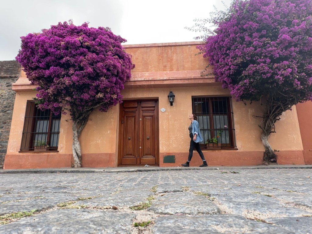 Nicki walks past an orange building with purple flowers in front