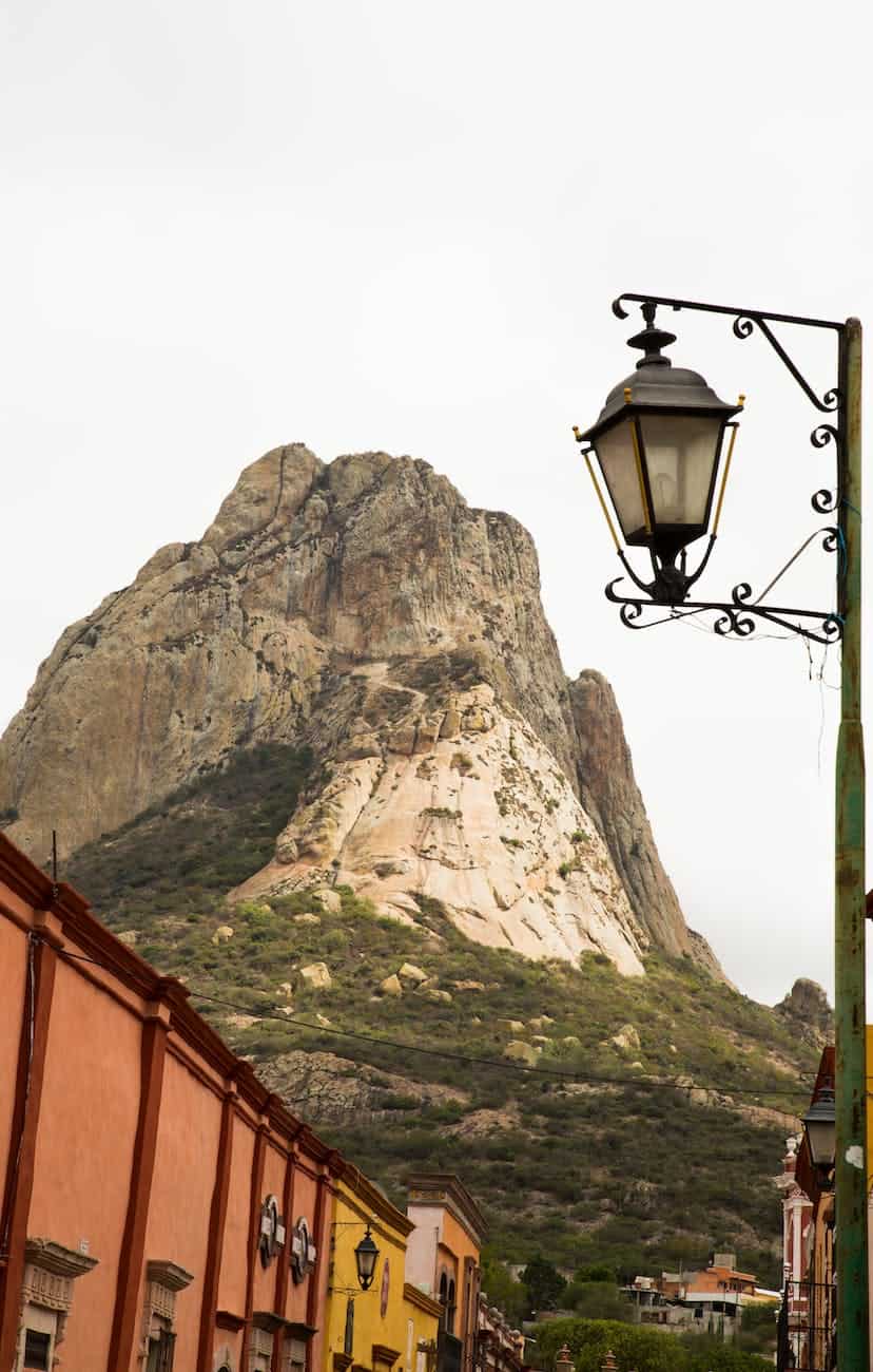 view of bernal s boulder from the town in queretaro mexico