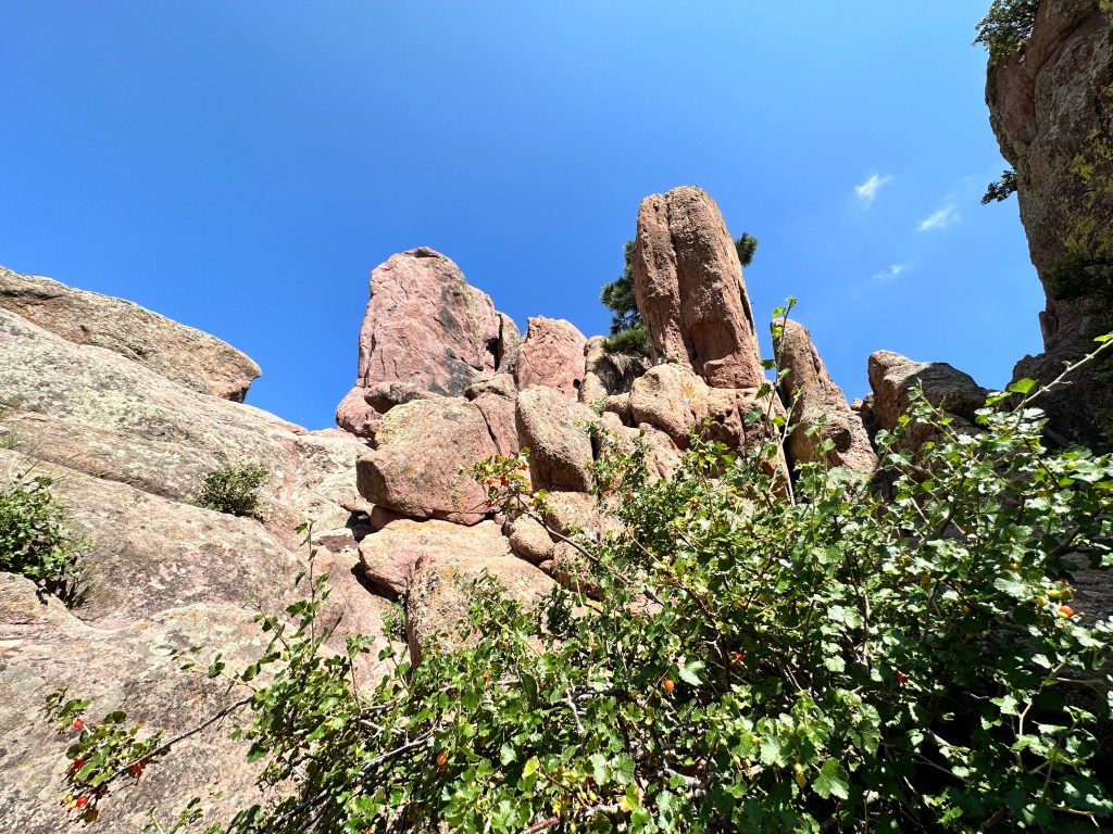 You can see many red rock formations looking up on the Red Rocks Loop Boulder.
