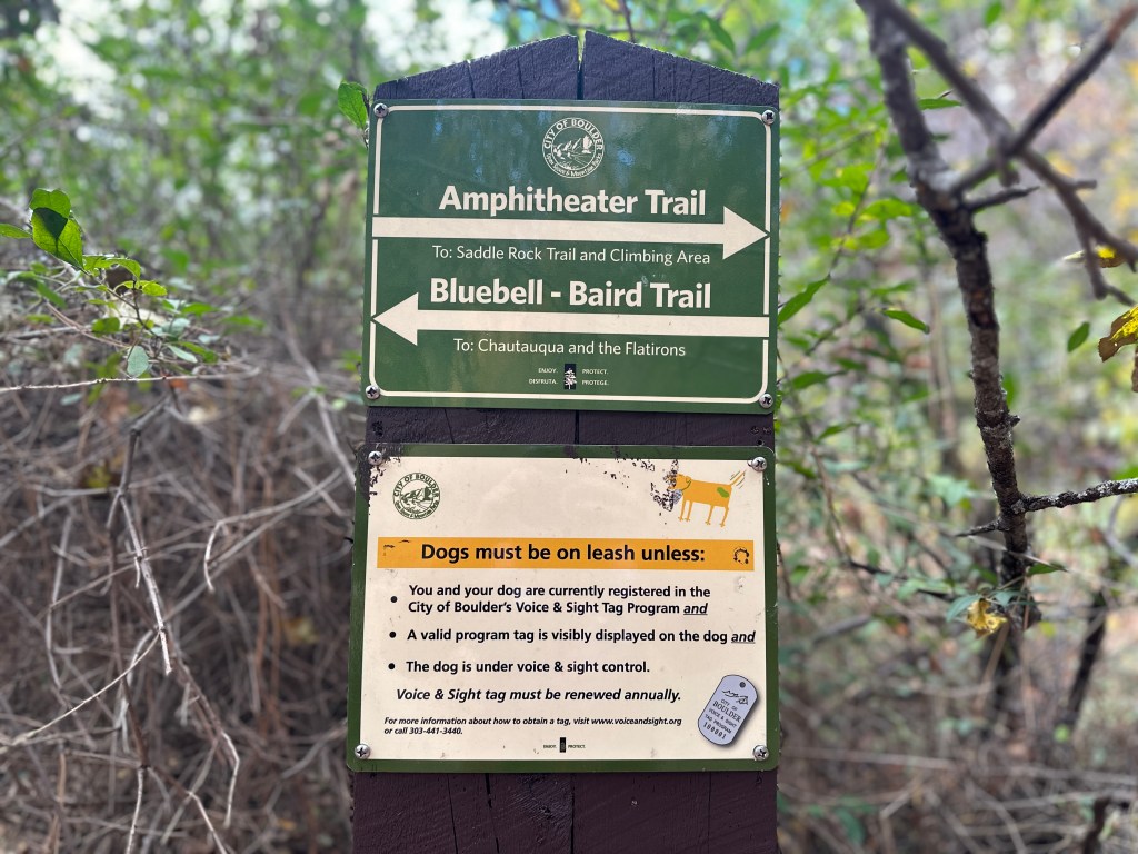 A trail sign. Go to the right for the Amphitheater Trail and left for the Bluebell-Baird Trail.