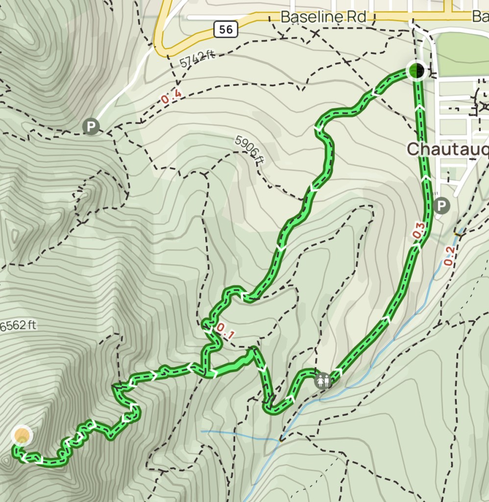 The AllTrails map showing the Flatirons loop and the out-and-back trail to the flatirons
