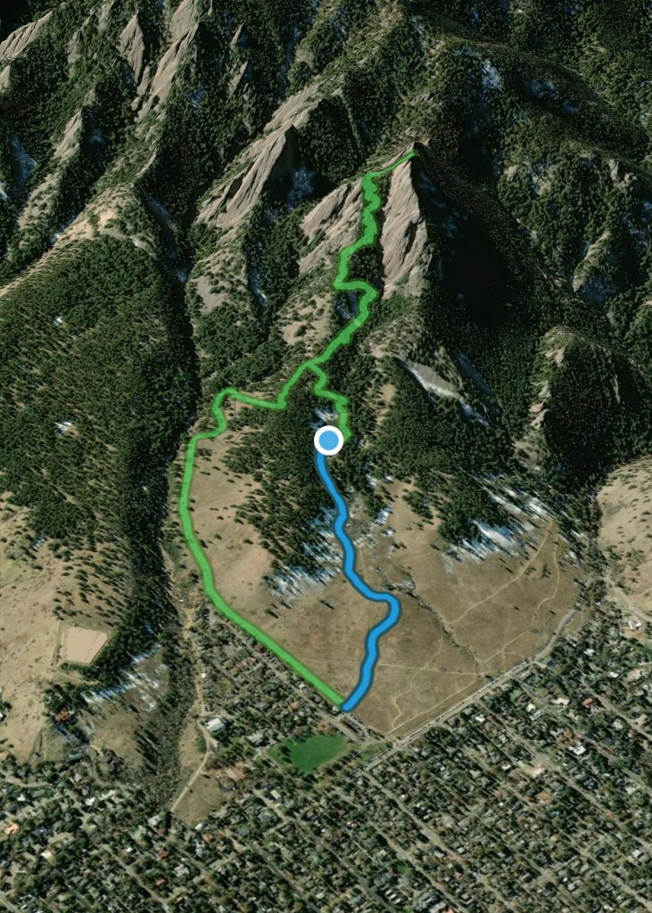 The AllTrails map showing the terrain and the trail as it goes up between the first and second flatiron