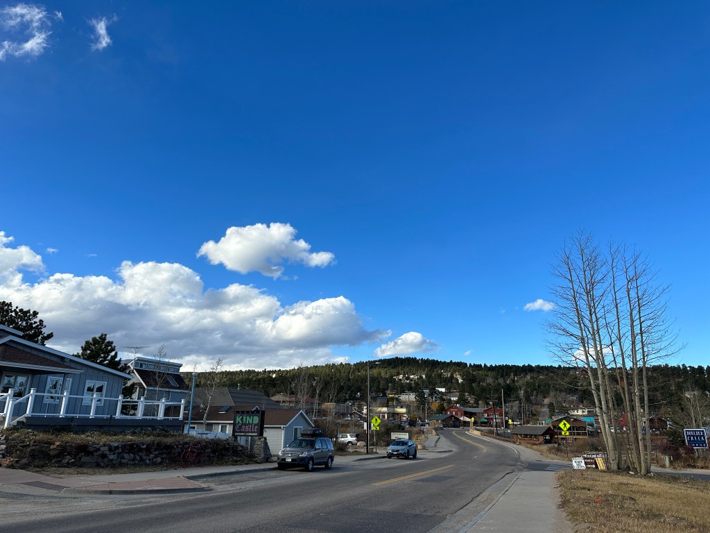 Nederland Colorado: A view of the center of town with the mountains in the background.