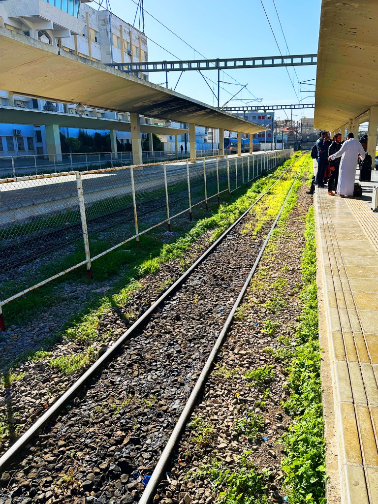 This is a vertical image that shows the train station in Tunis. The tracks are down below to the left and the platform is on the right.