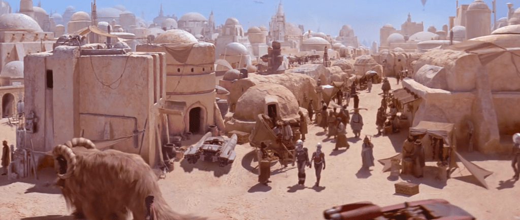 A view of Mos Espa from above in the Star Wars movie