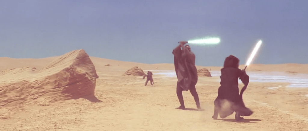 Qui Gong Jinn fights the sith in Star Wars on top of Ong Jemal