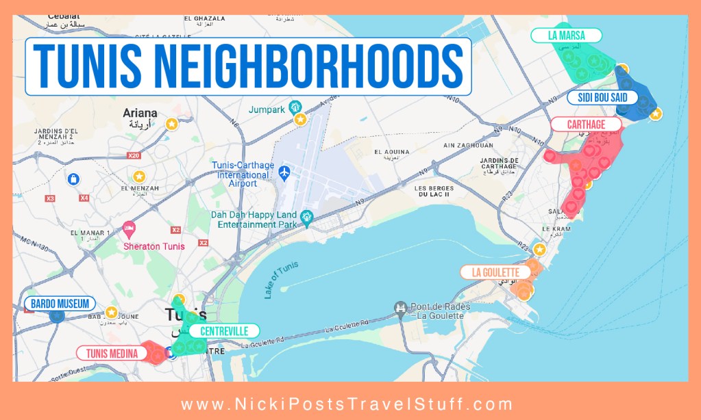 This is a map that shows the main neighborhoods of Tunis: Medina, Centreville, La Marsa, Sidi Bou Said, Carthage, and La Goulette.