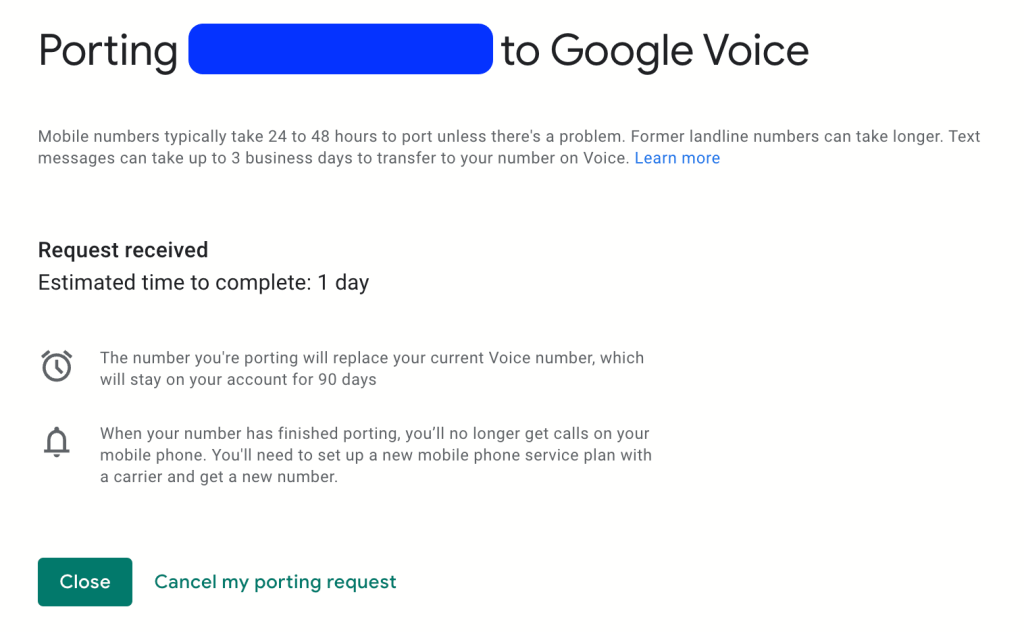 This is a screenshot that shows that my number is currently porting and the estimated time to completion is pending 1 day.